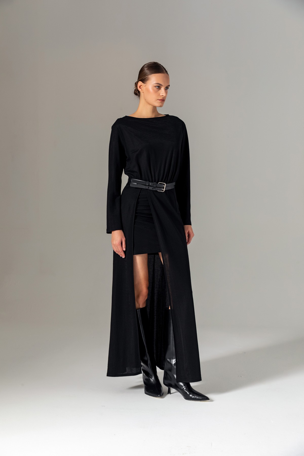 Kemerli Örme Elbise Siyah