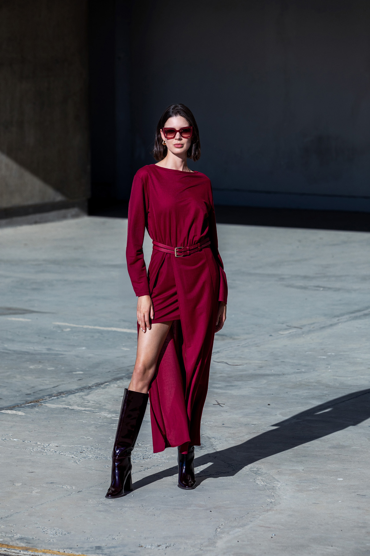 Kemerli Örme Elbise Bordo