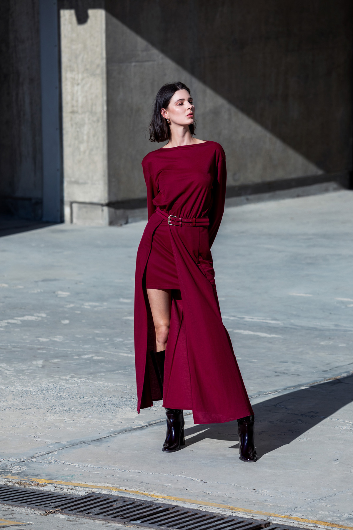 Kemerli Örme Elbise Bordo