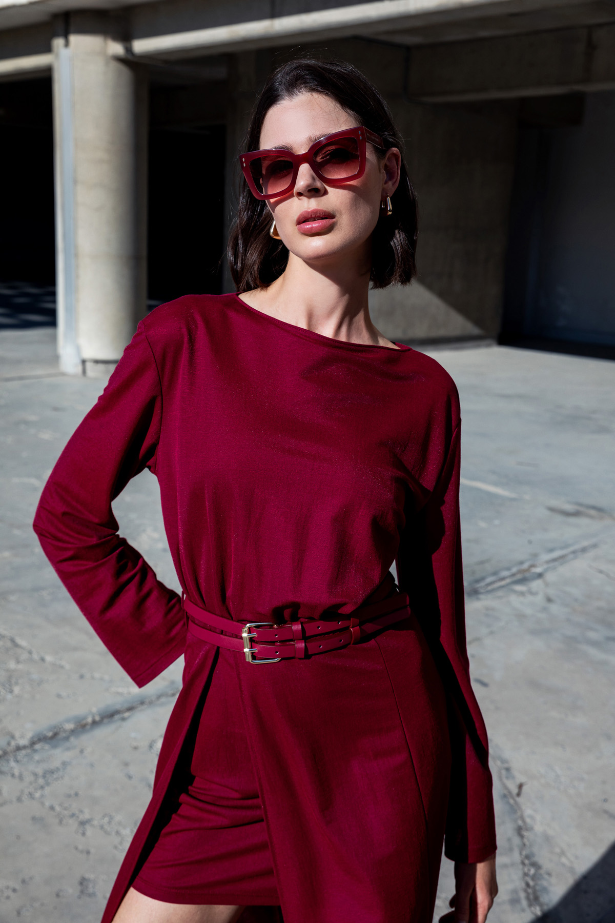 Kemerli Örme Elbise Bordo