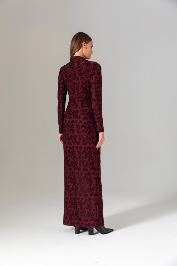 Dokulu Uzun Örme Elbise Bordo Dokulu Uzun Örme Elbise Bordo