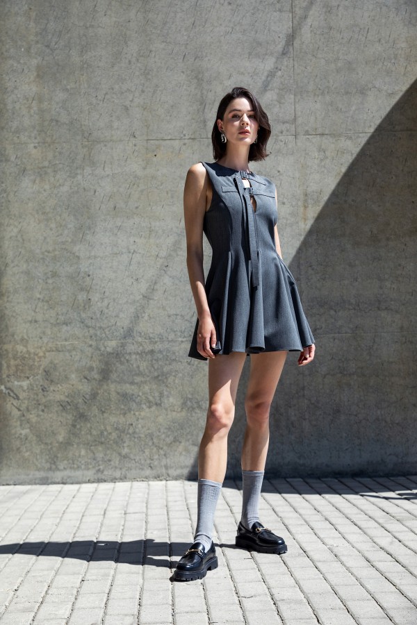 Çift Kemer Detaylı Kolsuz Mini Elbise Antrasit1