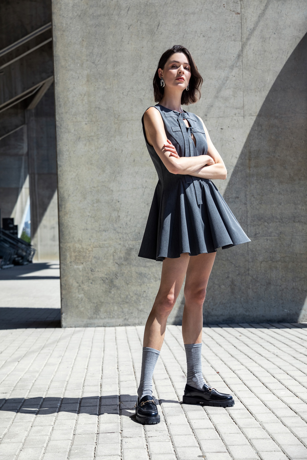 Çift Kemer Detaylı Kolsuz Mini Elbise Antrasit1