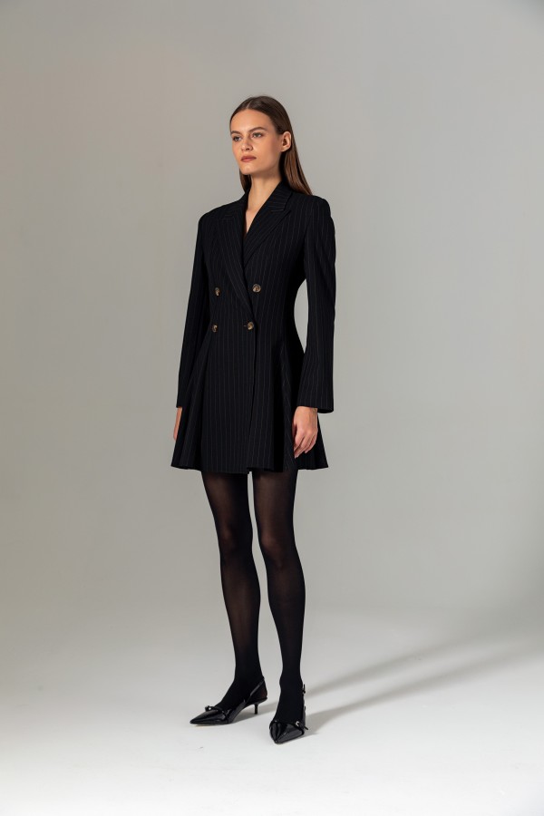 Çizgili Şortlu Ceket/Elbise Siyah