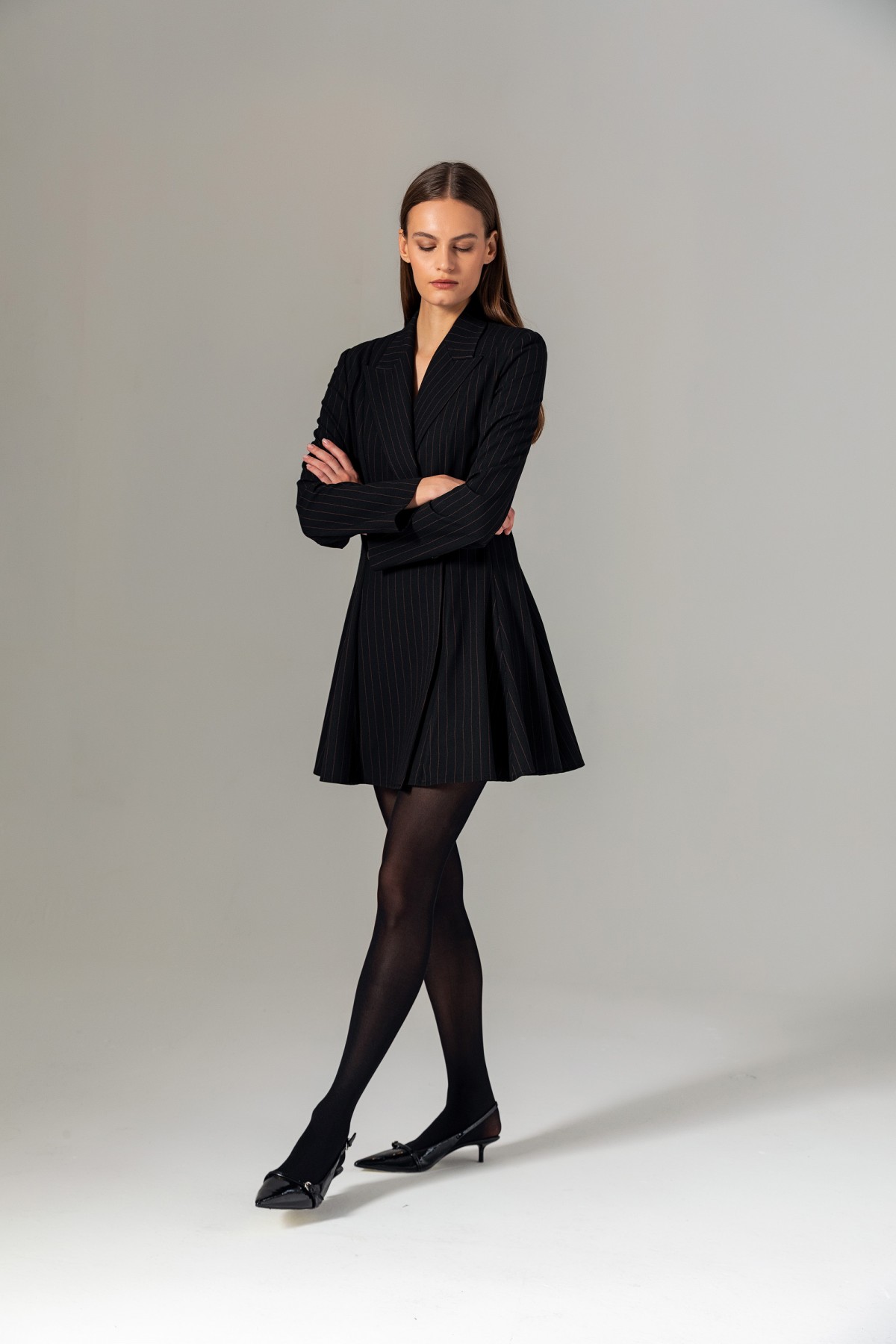 Çizgili Şortlu Ceket/Elbise Siyah