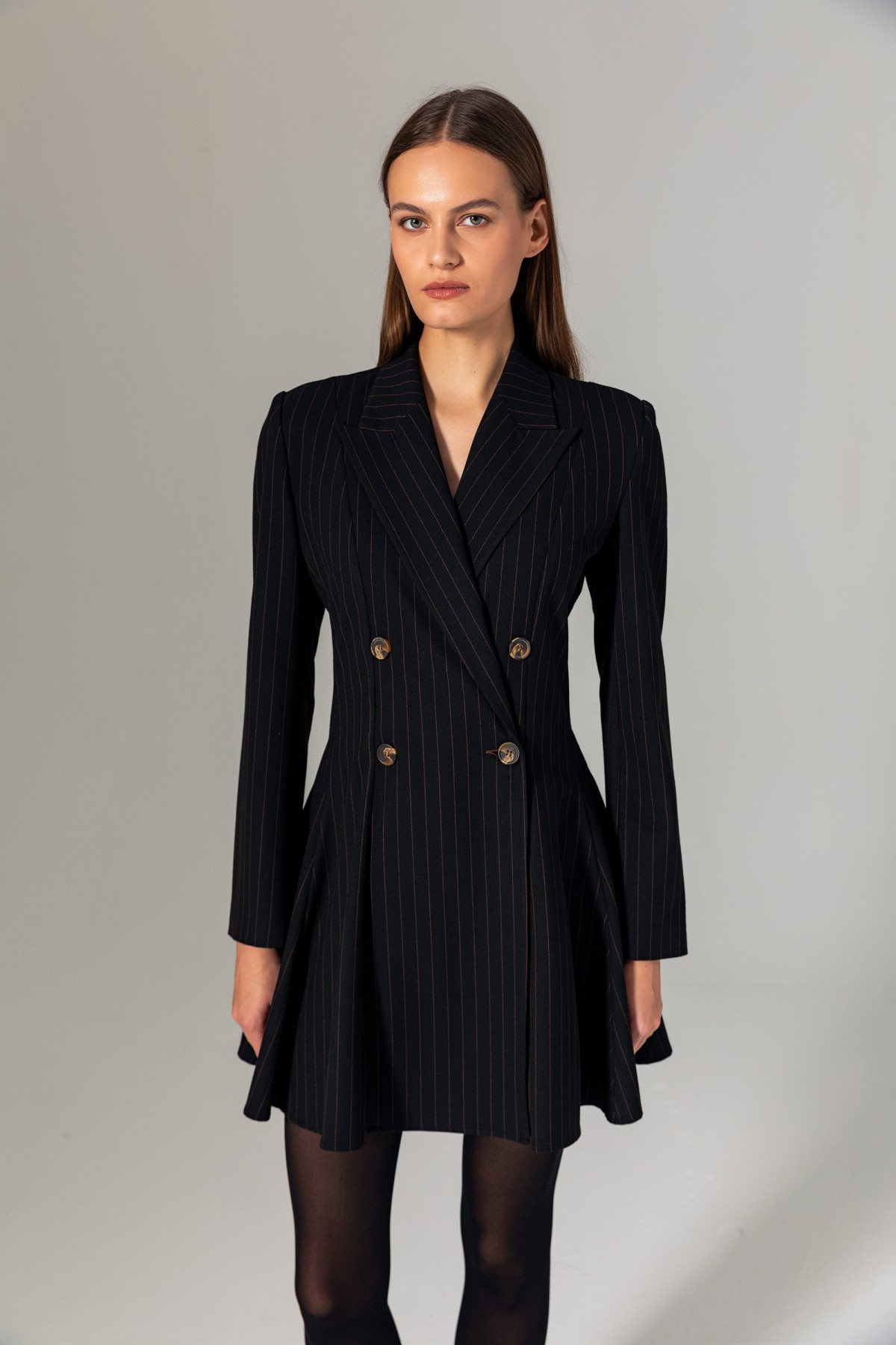 Çizgili Şortlu Ceket/Elbise Siyah