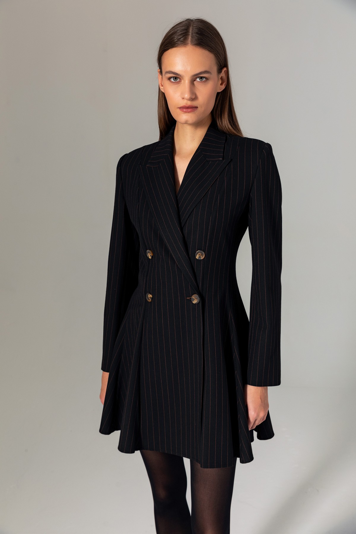 Çizgili Şortlu Ceket/Elbise Siyah