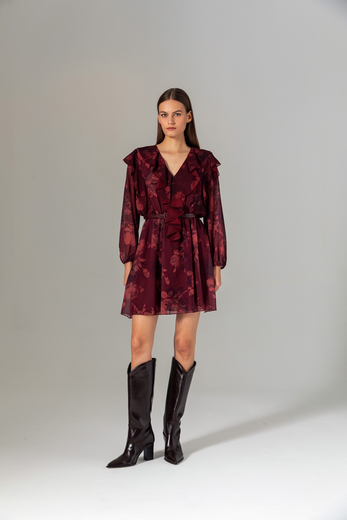 Desenli Volanlı Mini Elbise Bordo