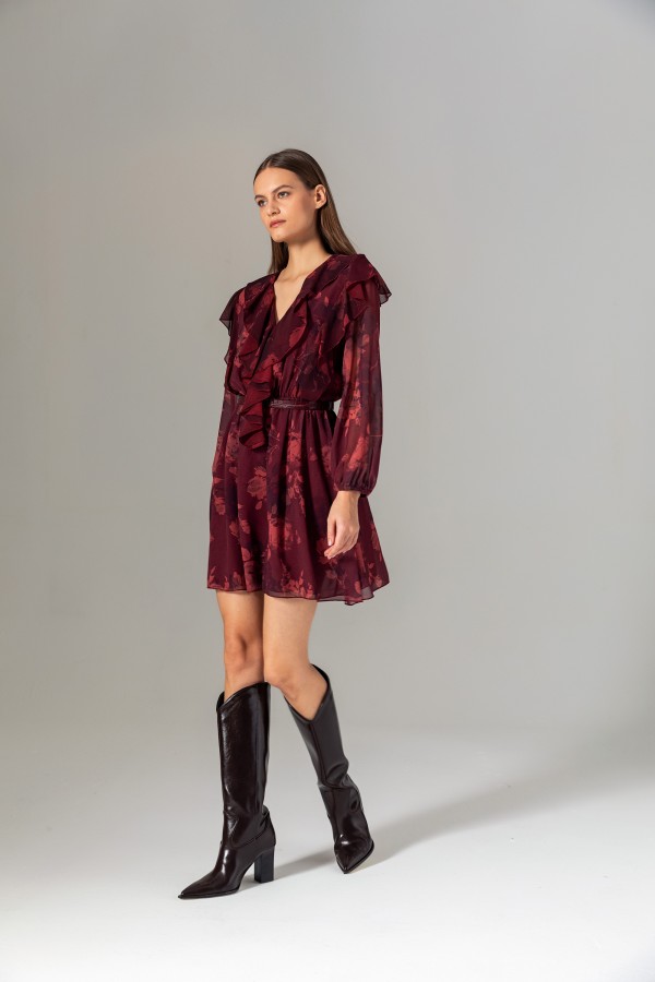Desenli Volanlı Mini Elbise Bordo Desenli Volanlı Mini Elbise Bordo