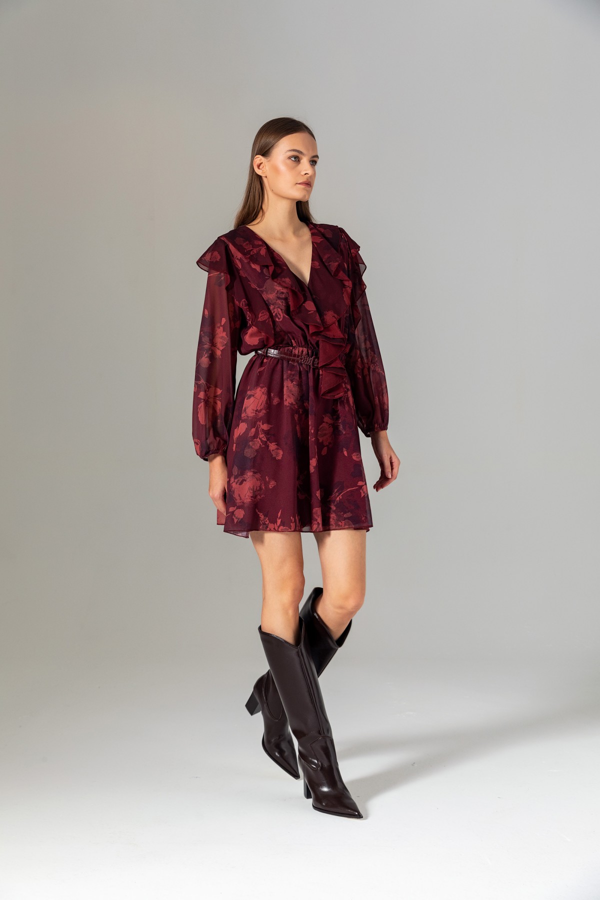 Desenli Volanlı Mini Elbise Bordo