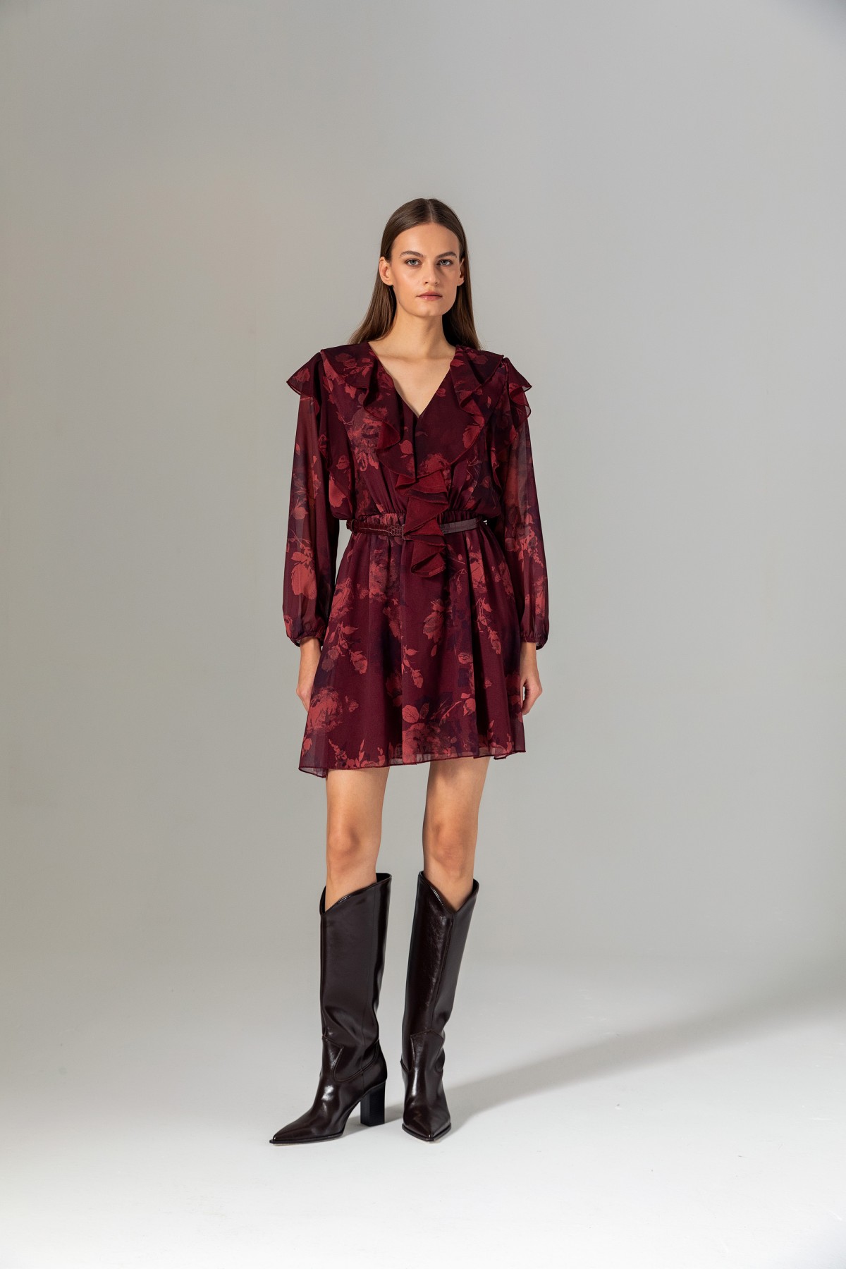 Desenli Volanlı Mini Elbise Bordo