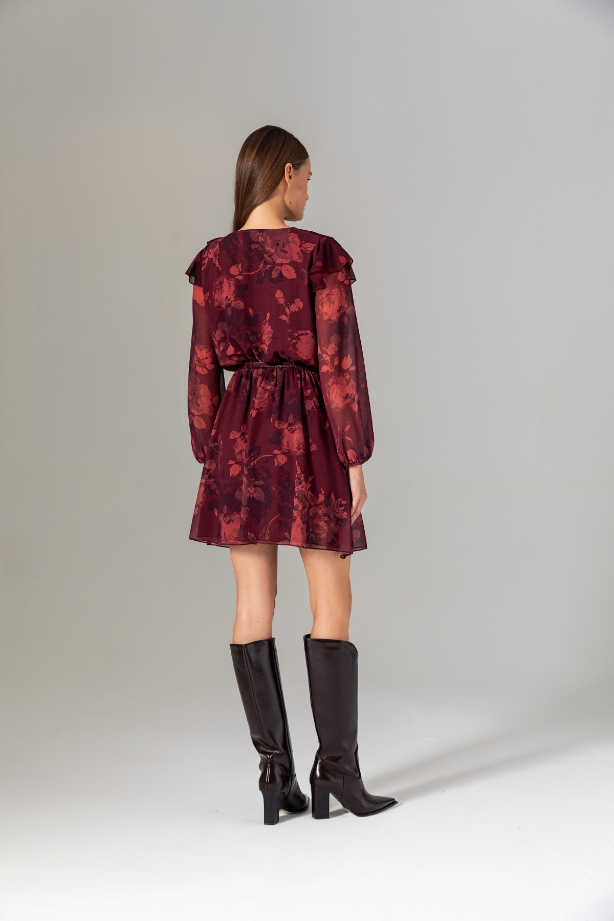 Desenli Volanlı Mini Elbise Bordo