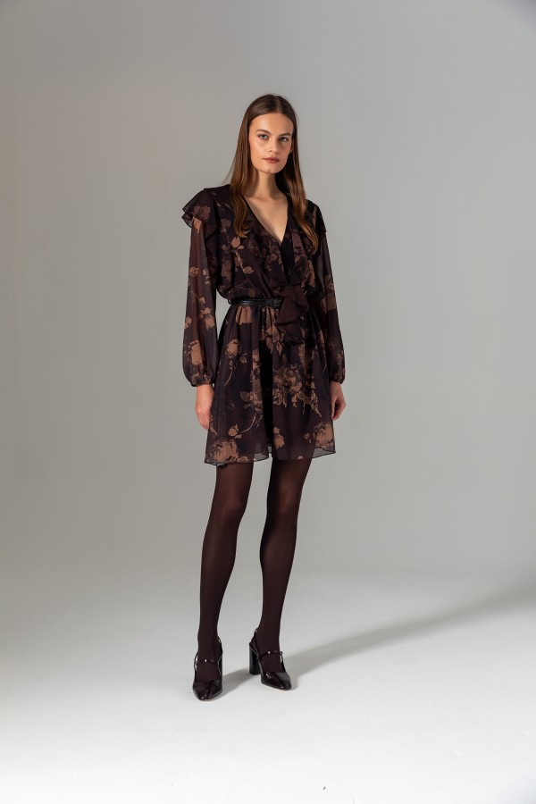 Desenli Volanlı Mini Elbise Kahve Desenli Volanlı Mini Elbise Kahve