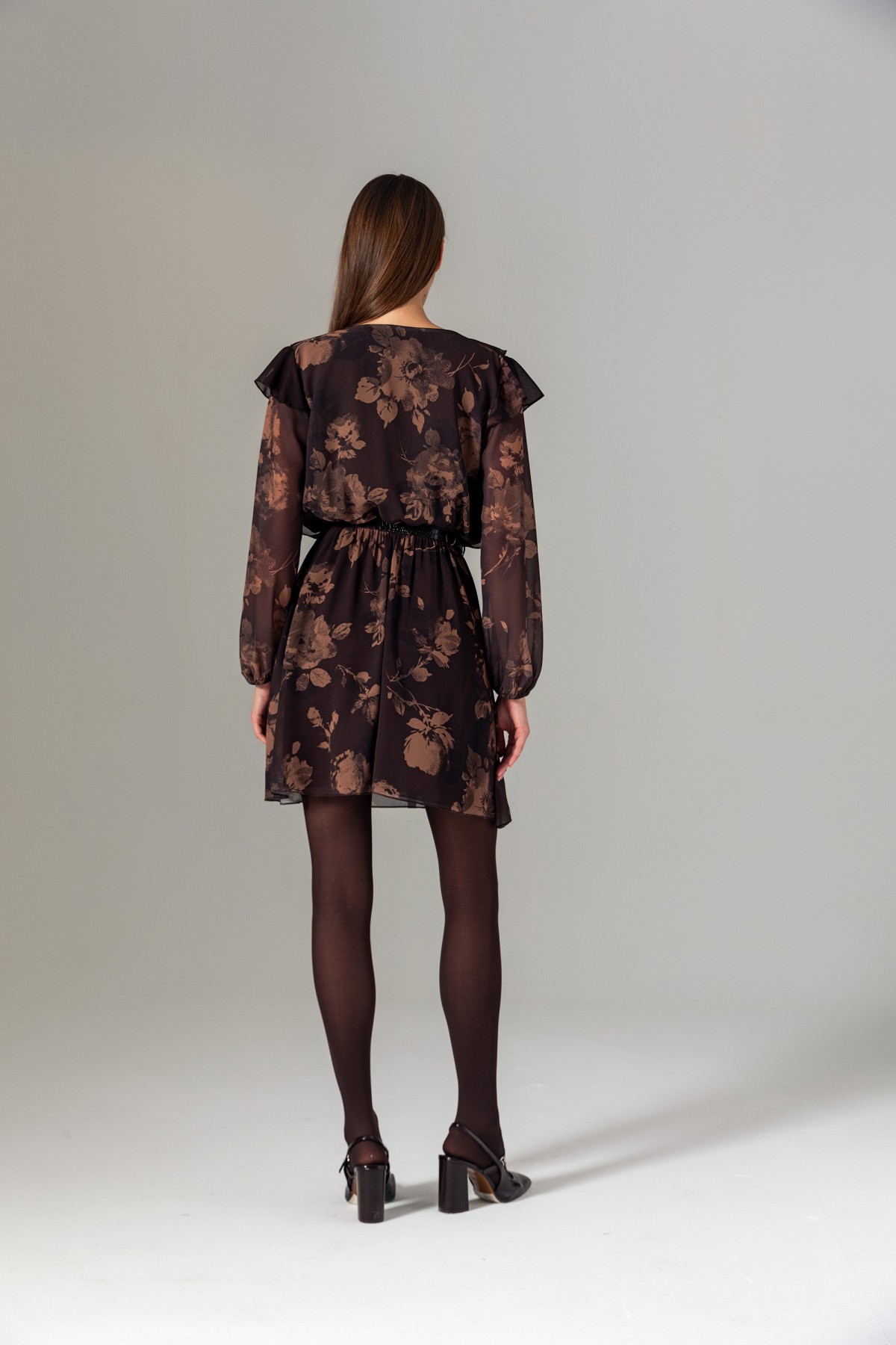 Desenli Volanlı Mini Elbise Kahve