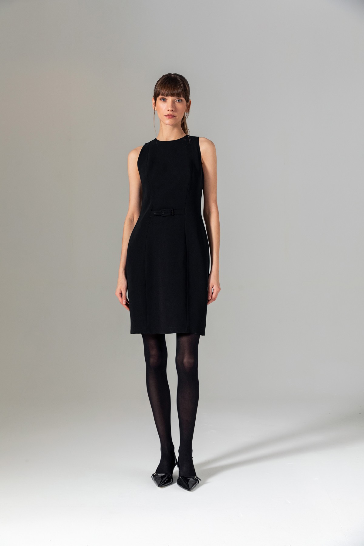 Kemerli Kolsuz Mini Elbise Siyah