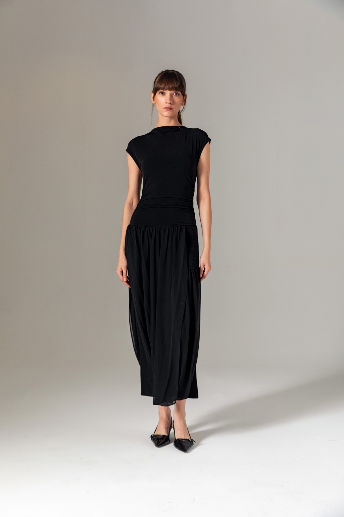 Şifon Etekli Örme Elbise Siyah