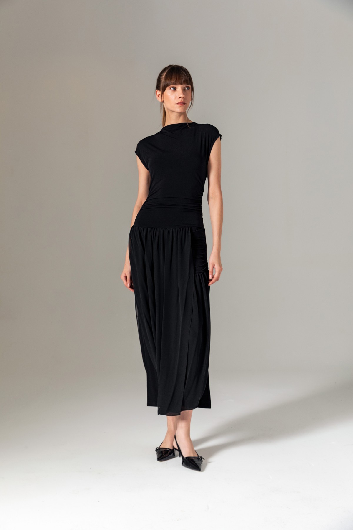 Şifon Etekli Örme Elbise Siyah