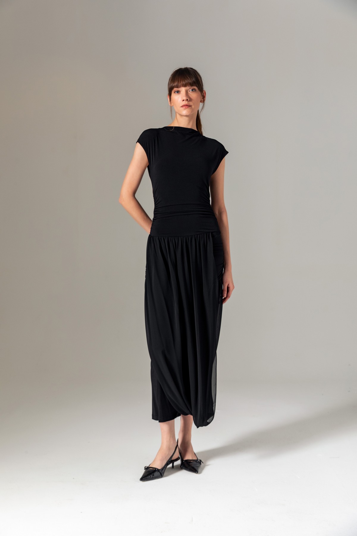 Şifon Etekli Örme Elbise Siyah