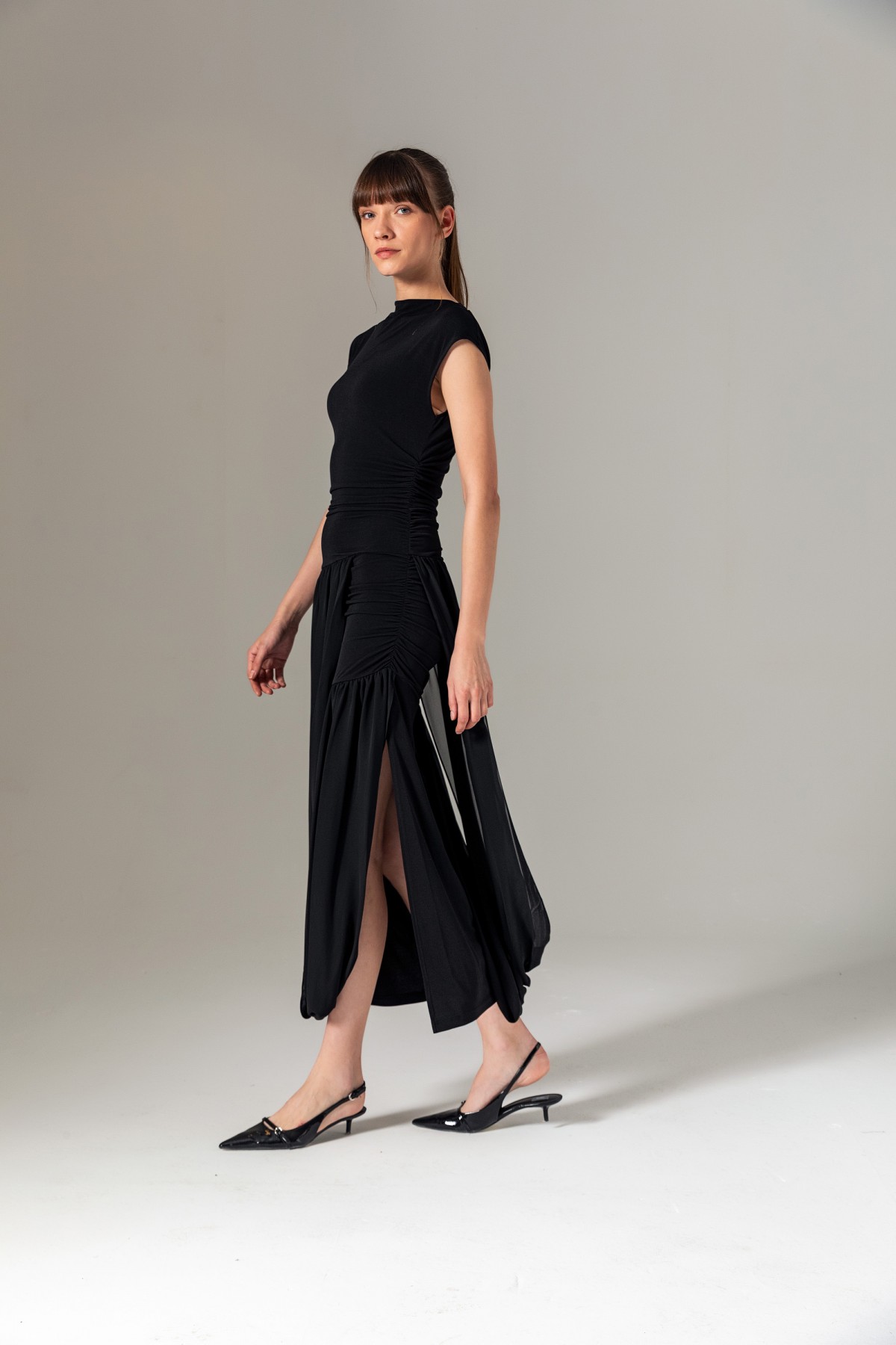 Şifon Etekli Örme Elbise Siyah