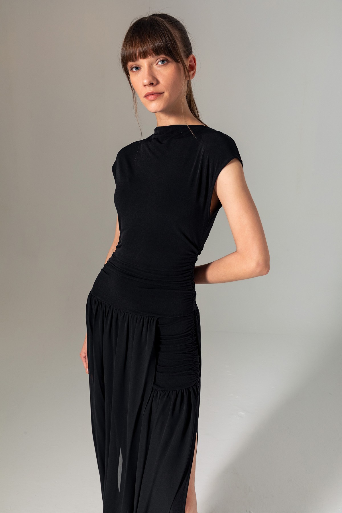 Şifon Etekli Örme Elbise Siyah