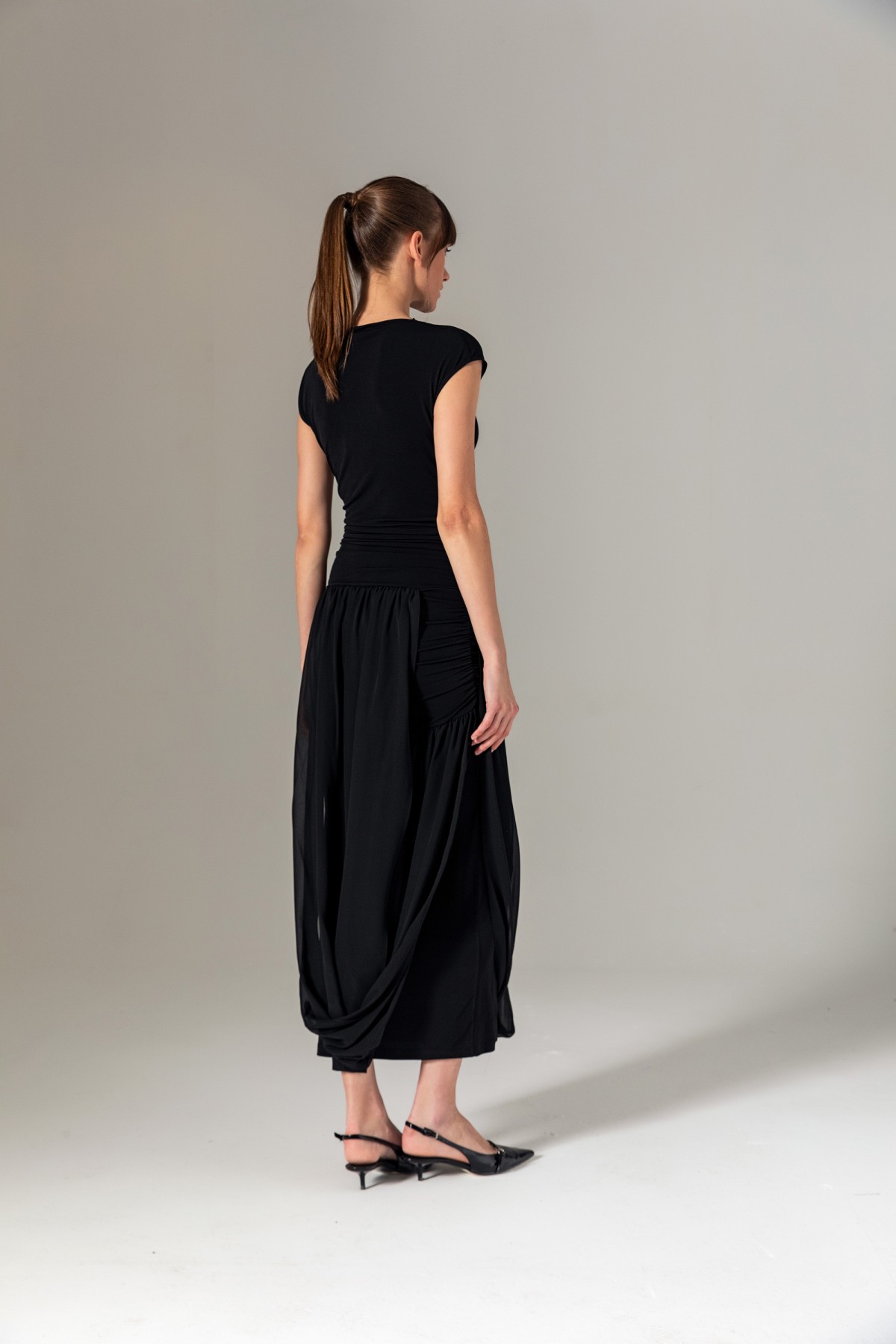 Şifon Etekli Örme Elbise Siyah