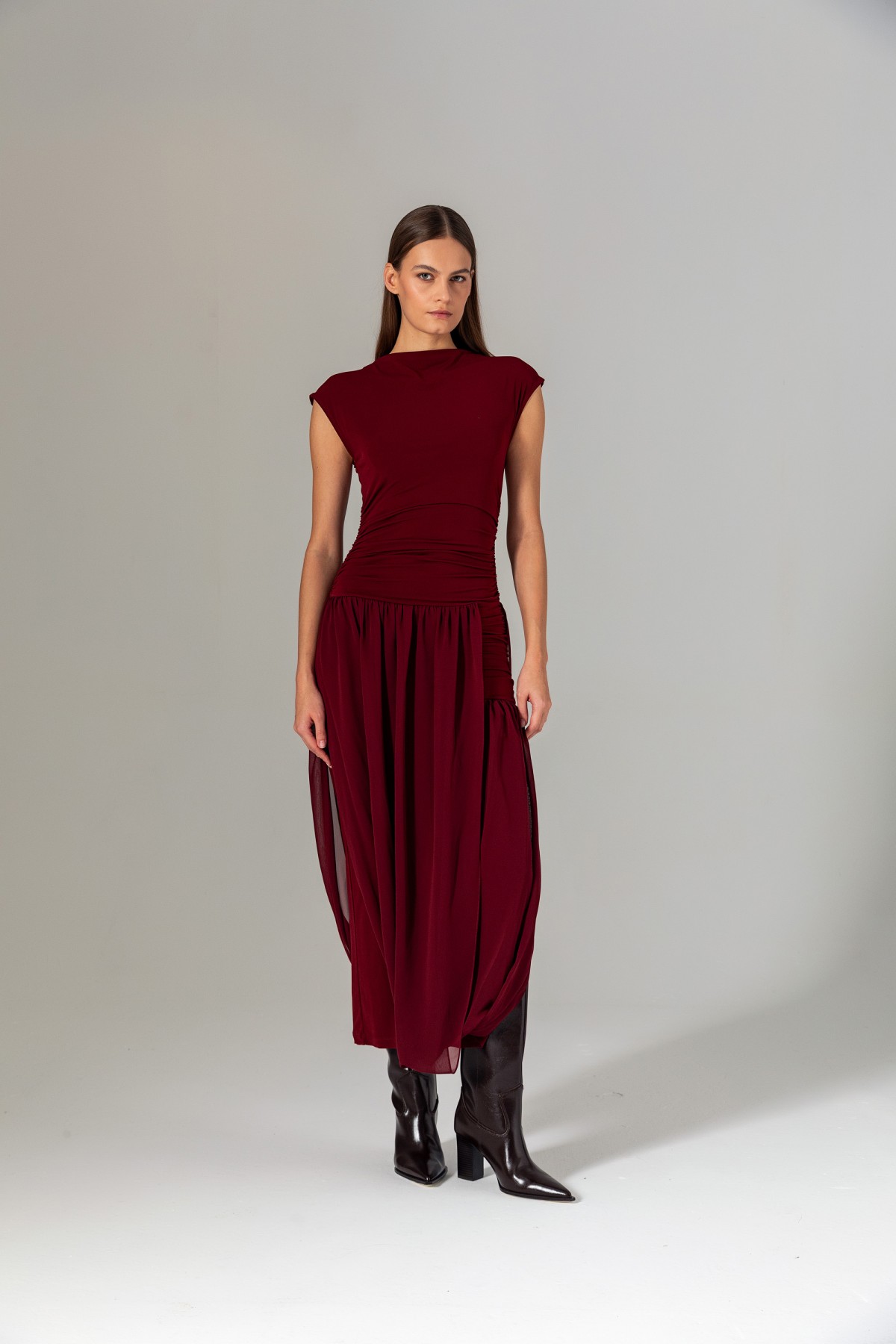 Şifon Etekli Örme Elbise Bordo