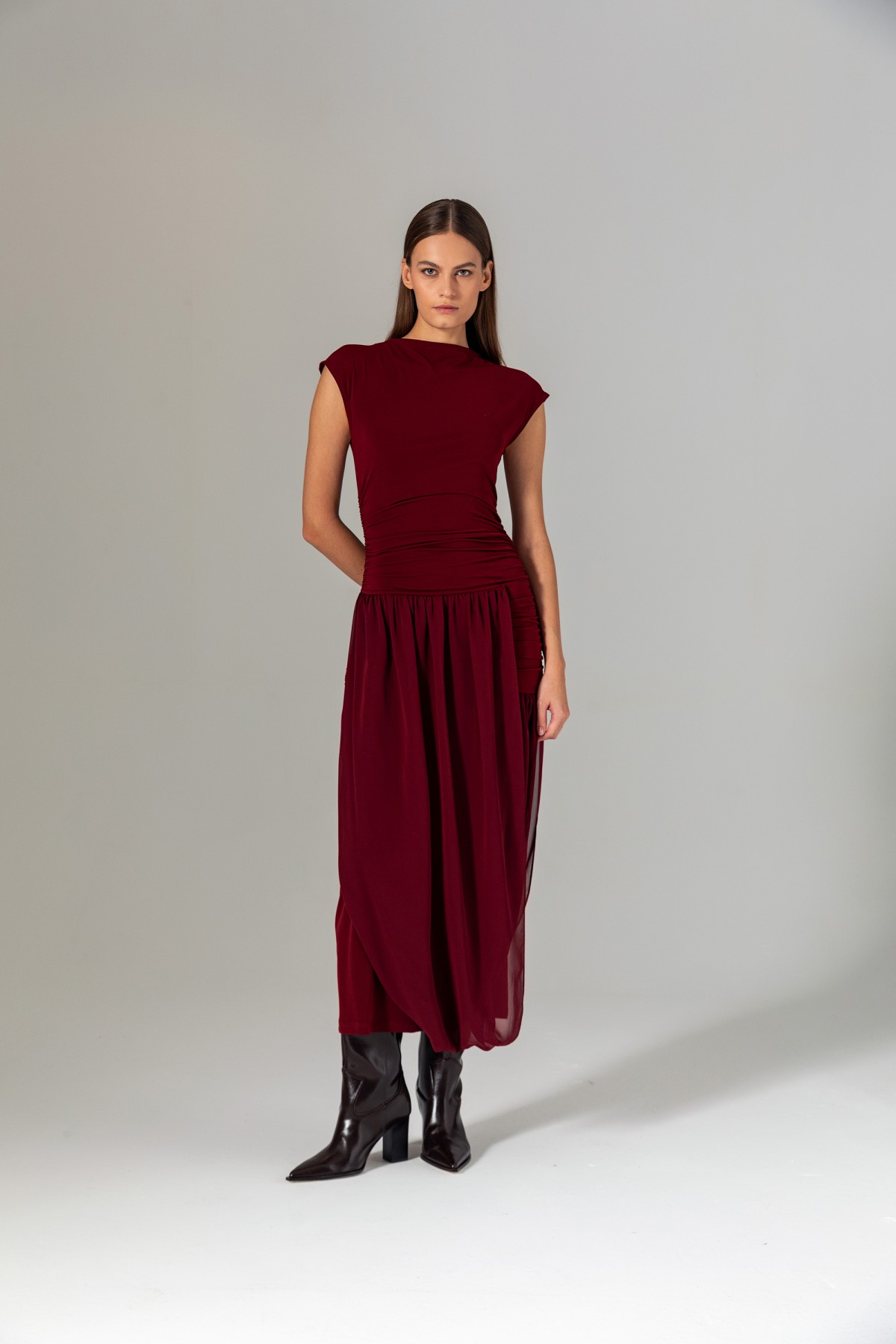 Şifon Etekli Örme Elbise Bordo