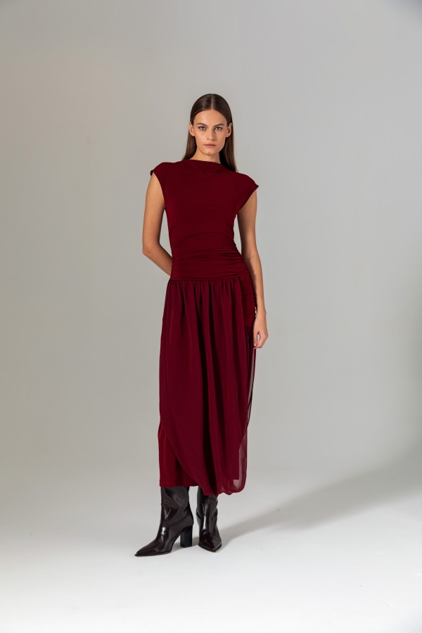 Şifon Etekli Örme Elbise Bordo Şifon Etekli Örme Elbise Bordo