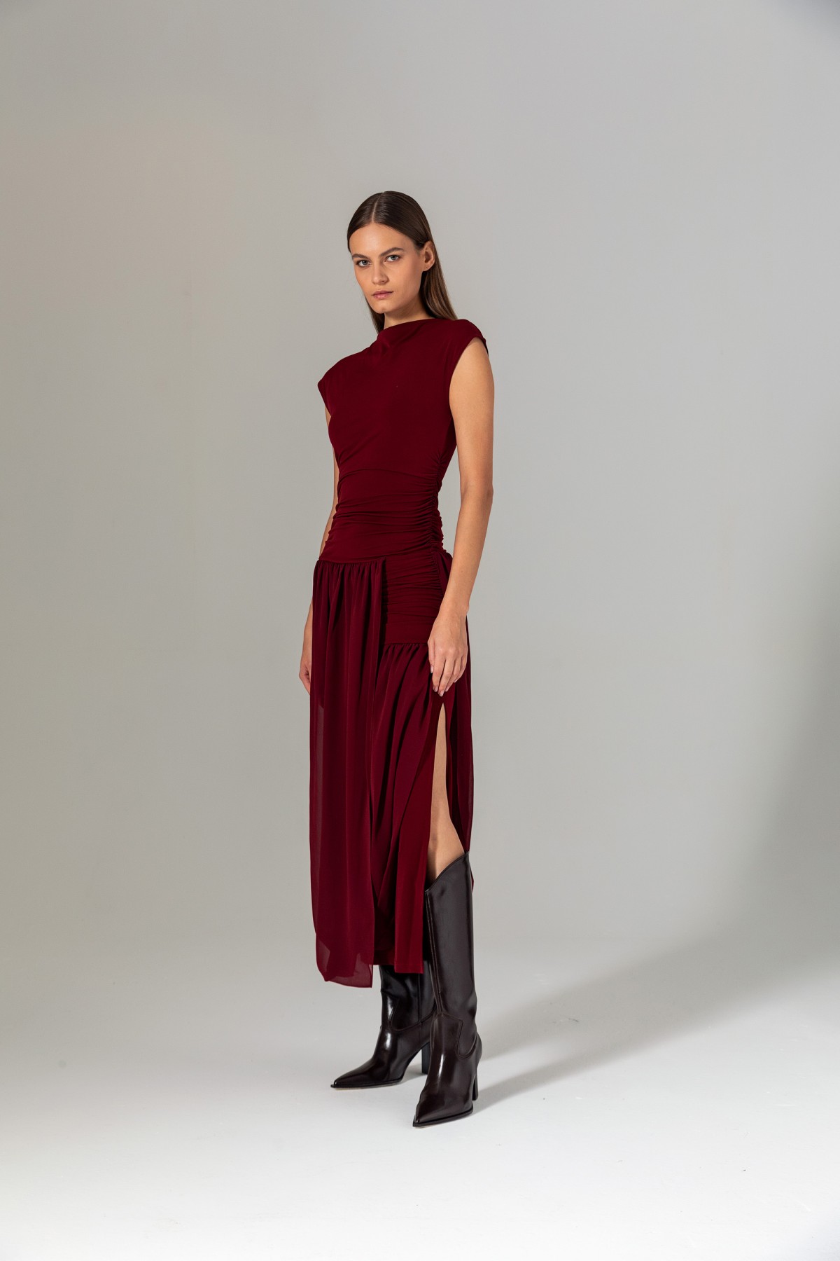 Şifon Etekli Örme Elbise Bordo