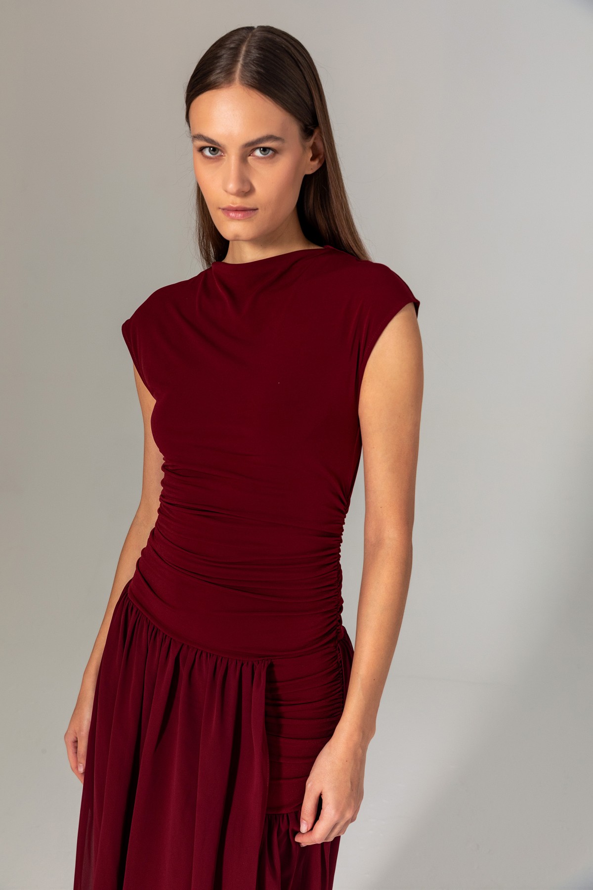 Şifon Etekli Örme Elbise Bordo