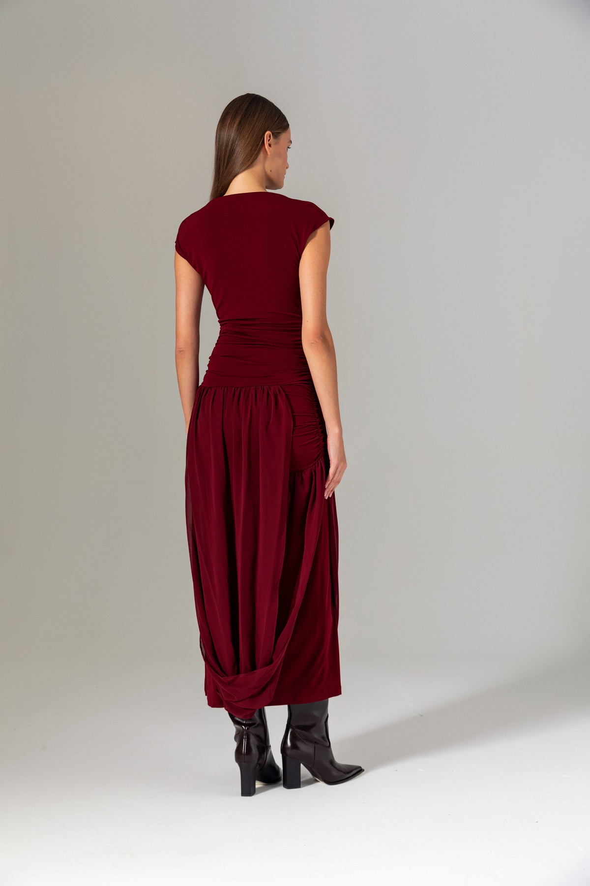 Şifon Etekli Örme Elbise Bordo