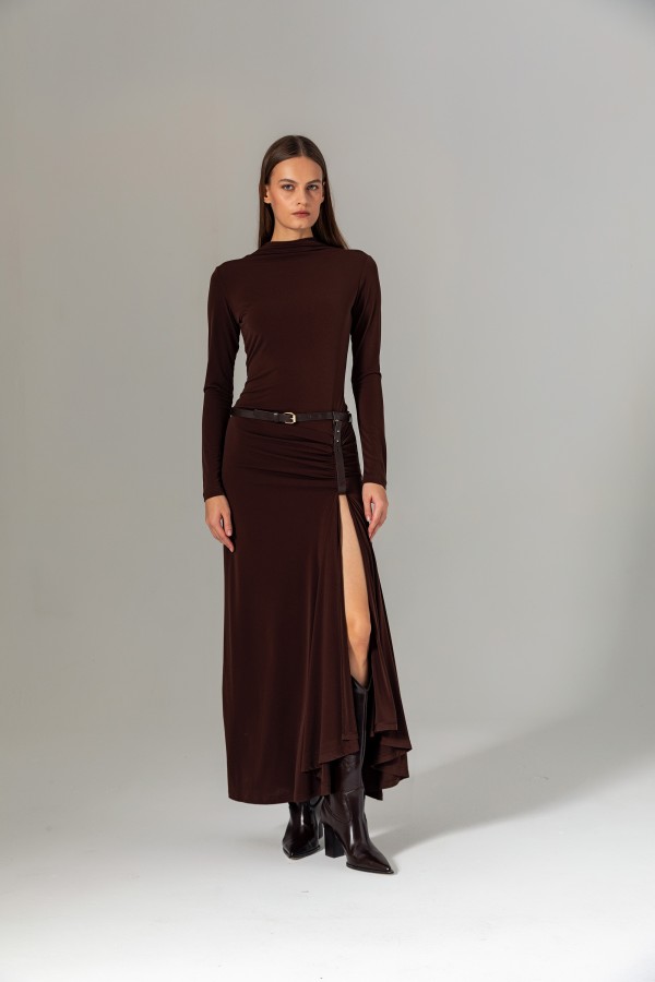 Kemeri Uzun Örme Elbise Kahve Kemeri Uzun Örme Elbise Kahve