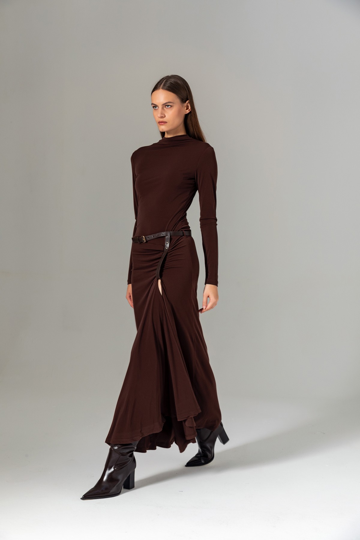 Kemerli Uzun Örme Elbise Kahve