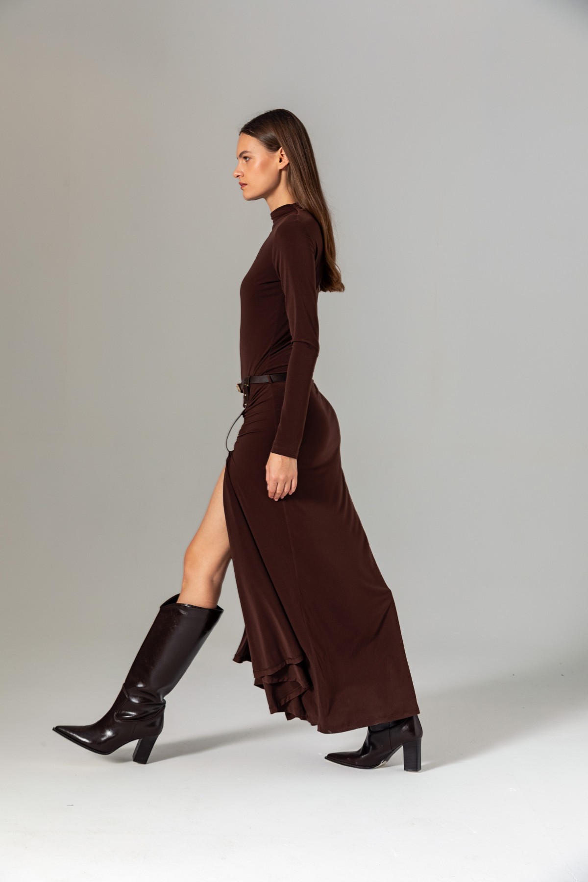 Kemerli Uzun Örme Elbise Kahve