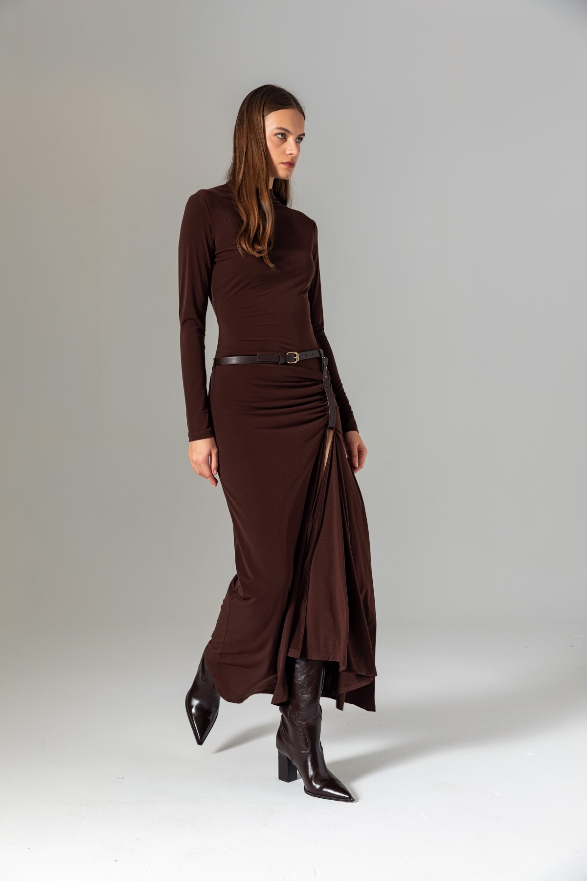 Kemerli Uzun Örme Elbise Kahve