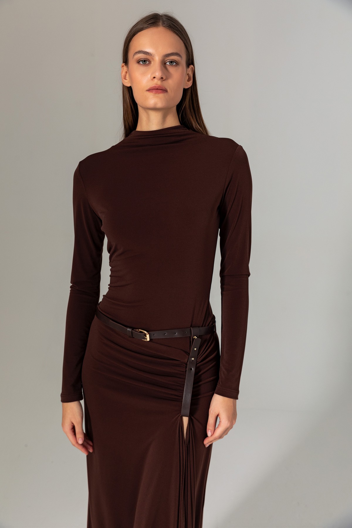 Kemerli Uzun Örme Elbise Kahve