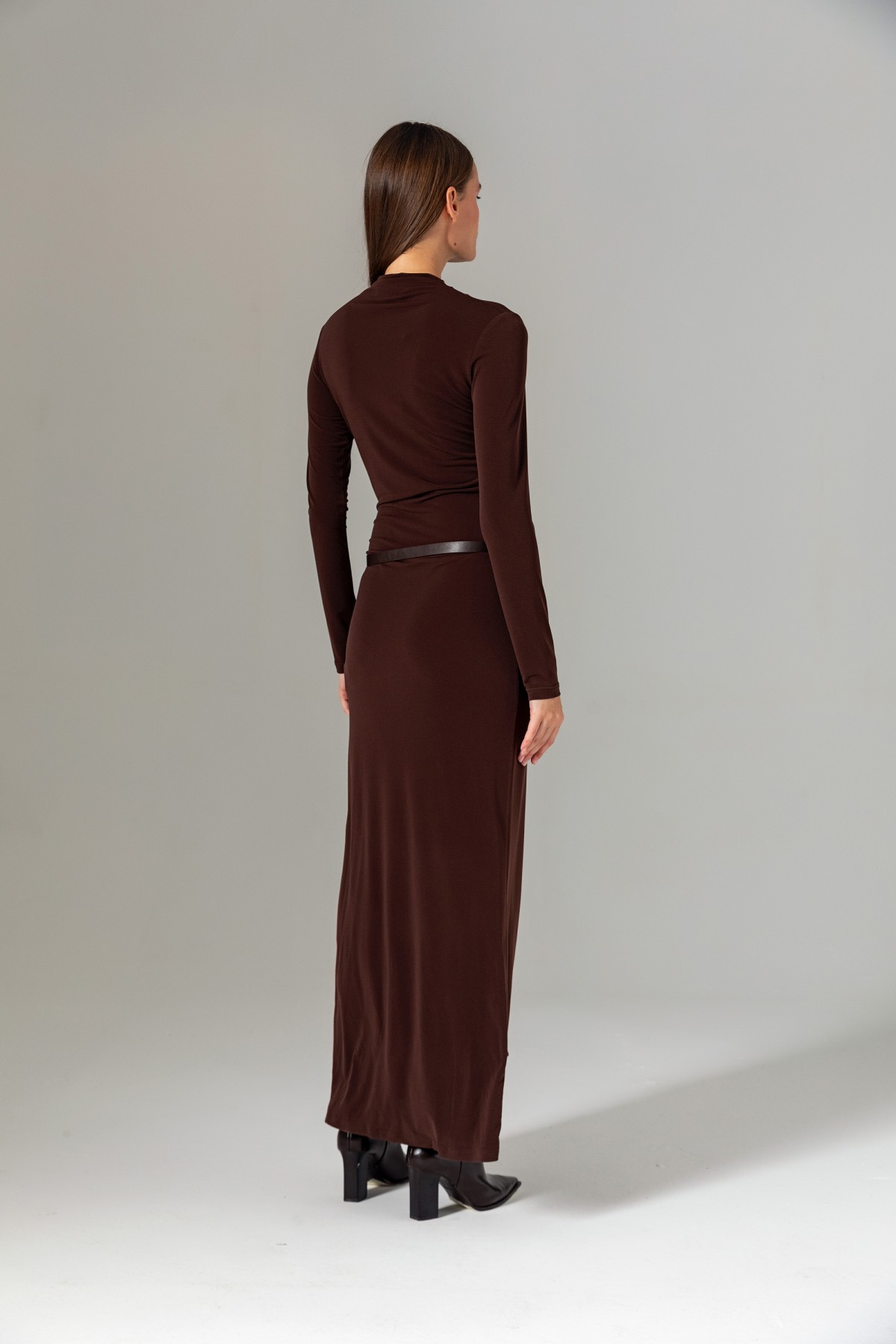 Kemerli Uzun Örme Elbise Kahve
