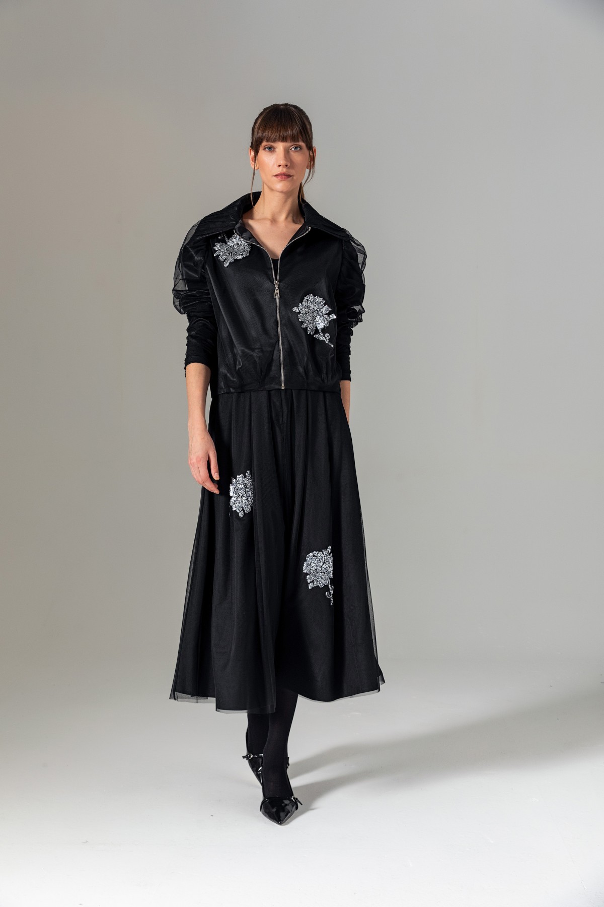 Balon Kol Tül Kaplama Mont Siyah