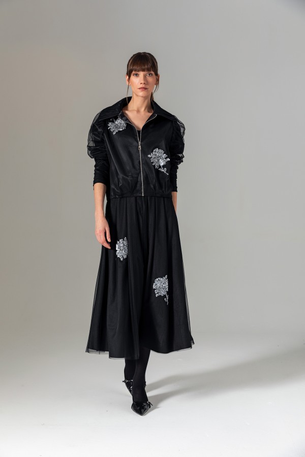 Balon Kol Tül Kaplama Mont Siyah