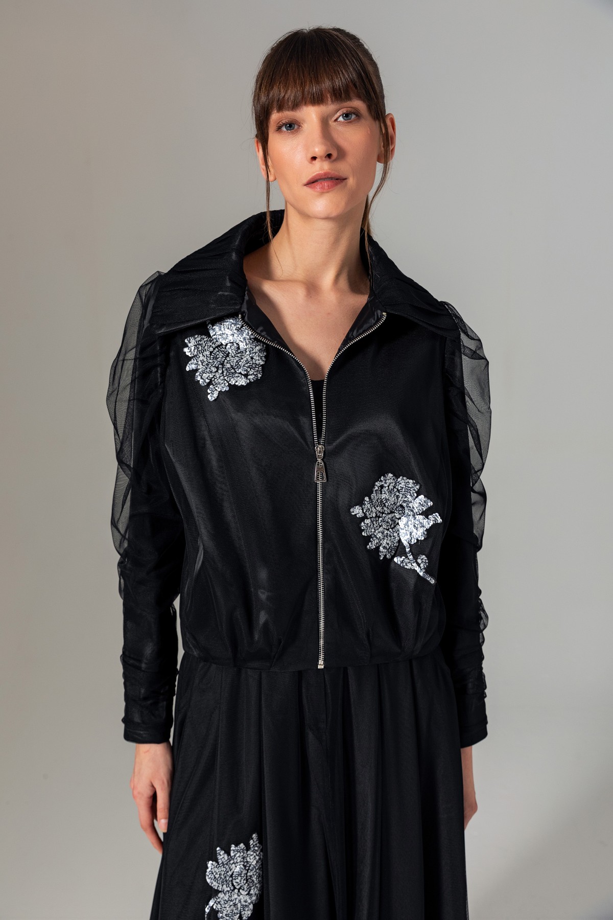 Balon Kol Tül Kaplama Mont Siyah