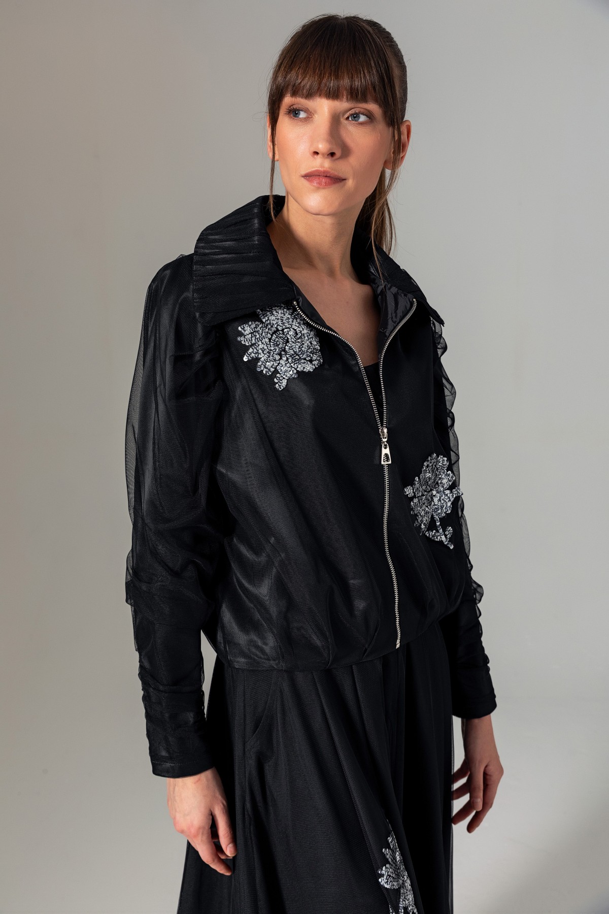 Balon Kol Tül Kaplama Mont Siyah