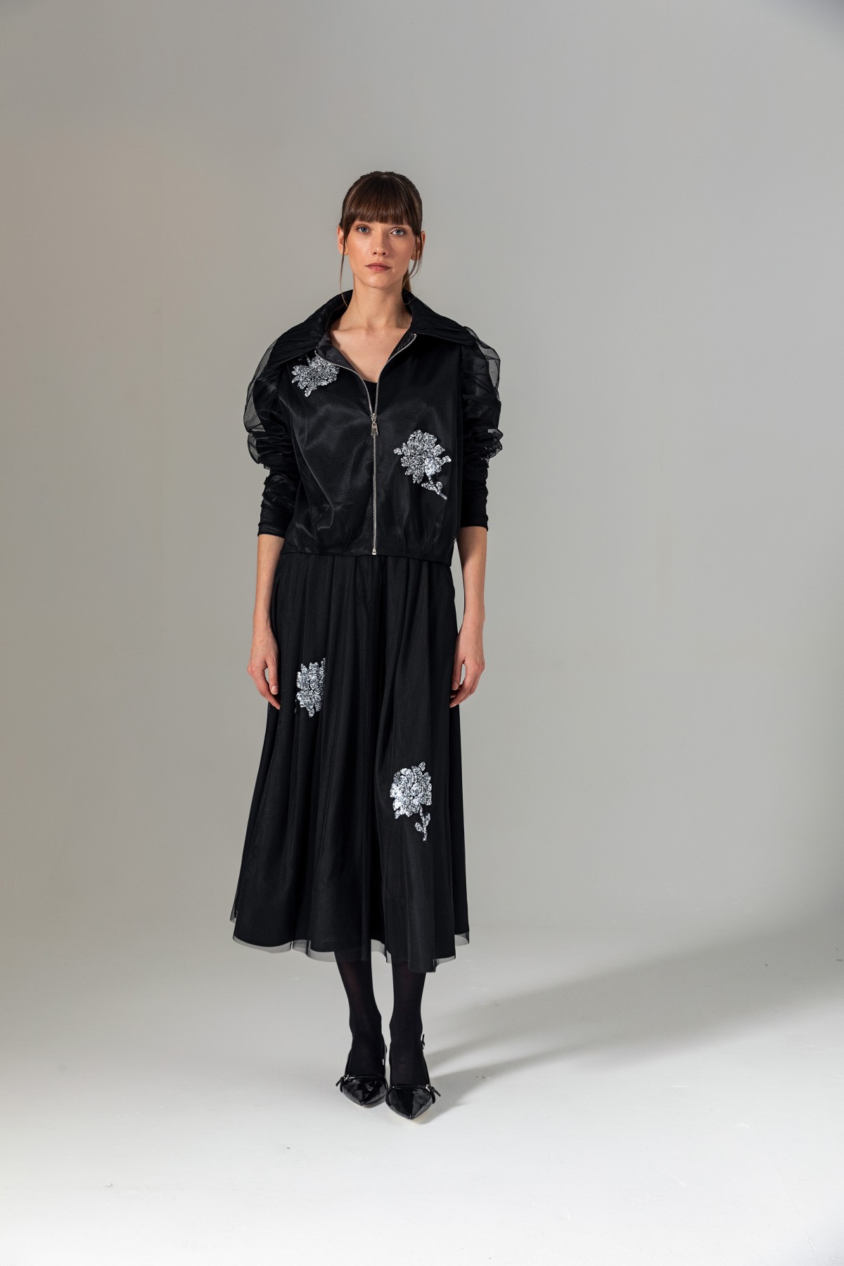 Balon Kol Tül Kaplama Mont Siyah