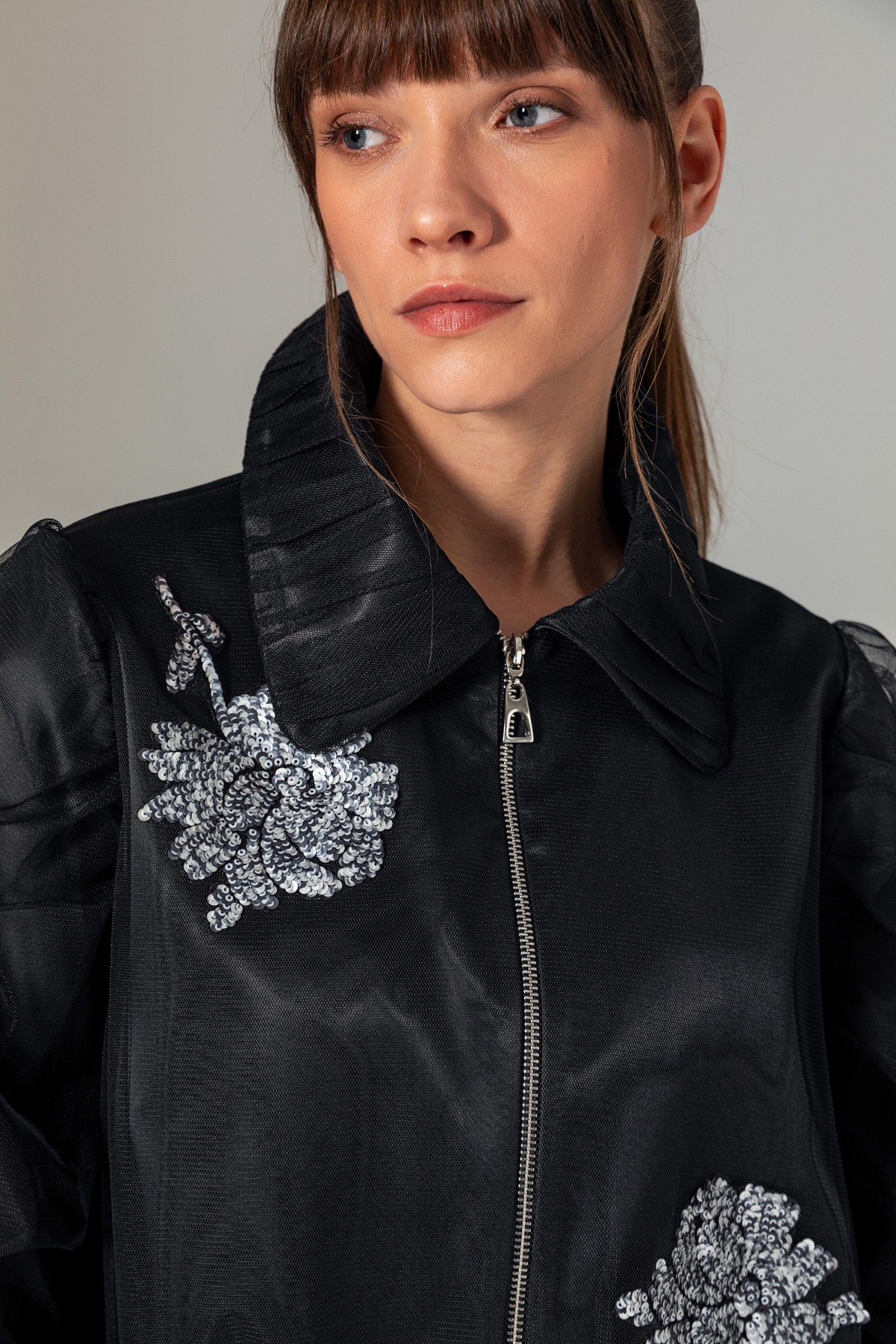 Balon Kol Tül Kaplama Mont Siyah