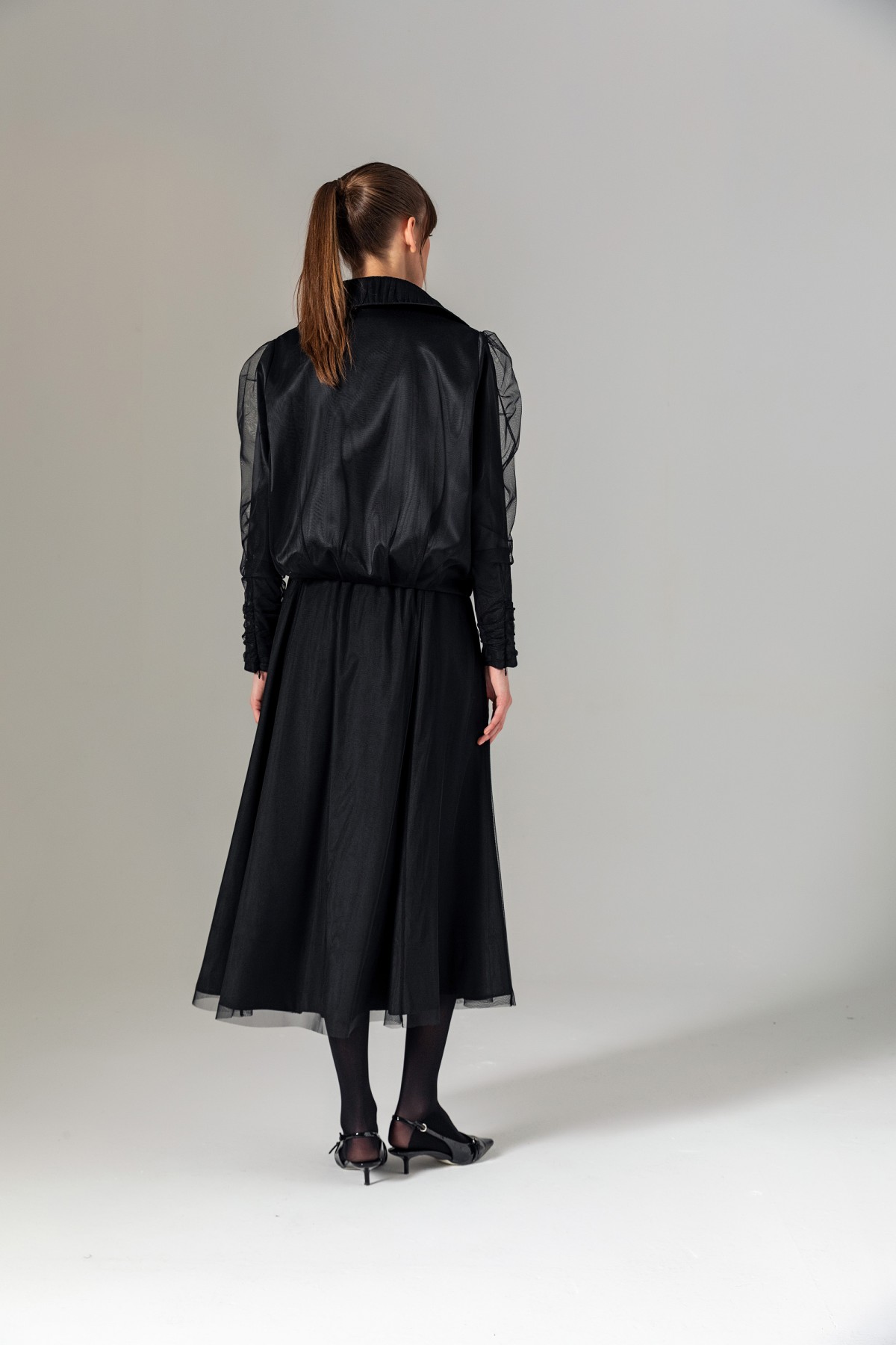 Balon Kol Tül Kaplama Mont Siyah