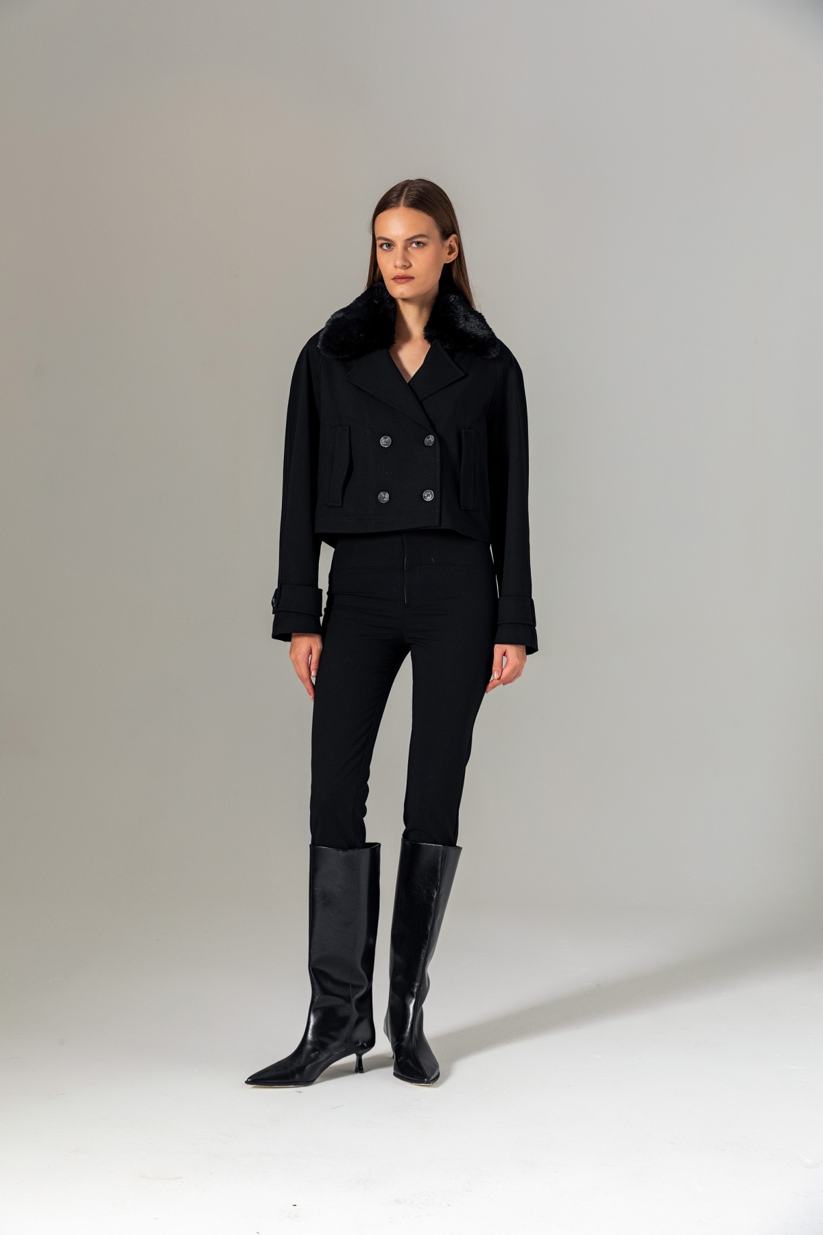 Yakası Kürklü Crop Biker Mont Siyah