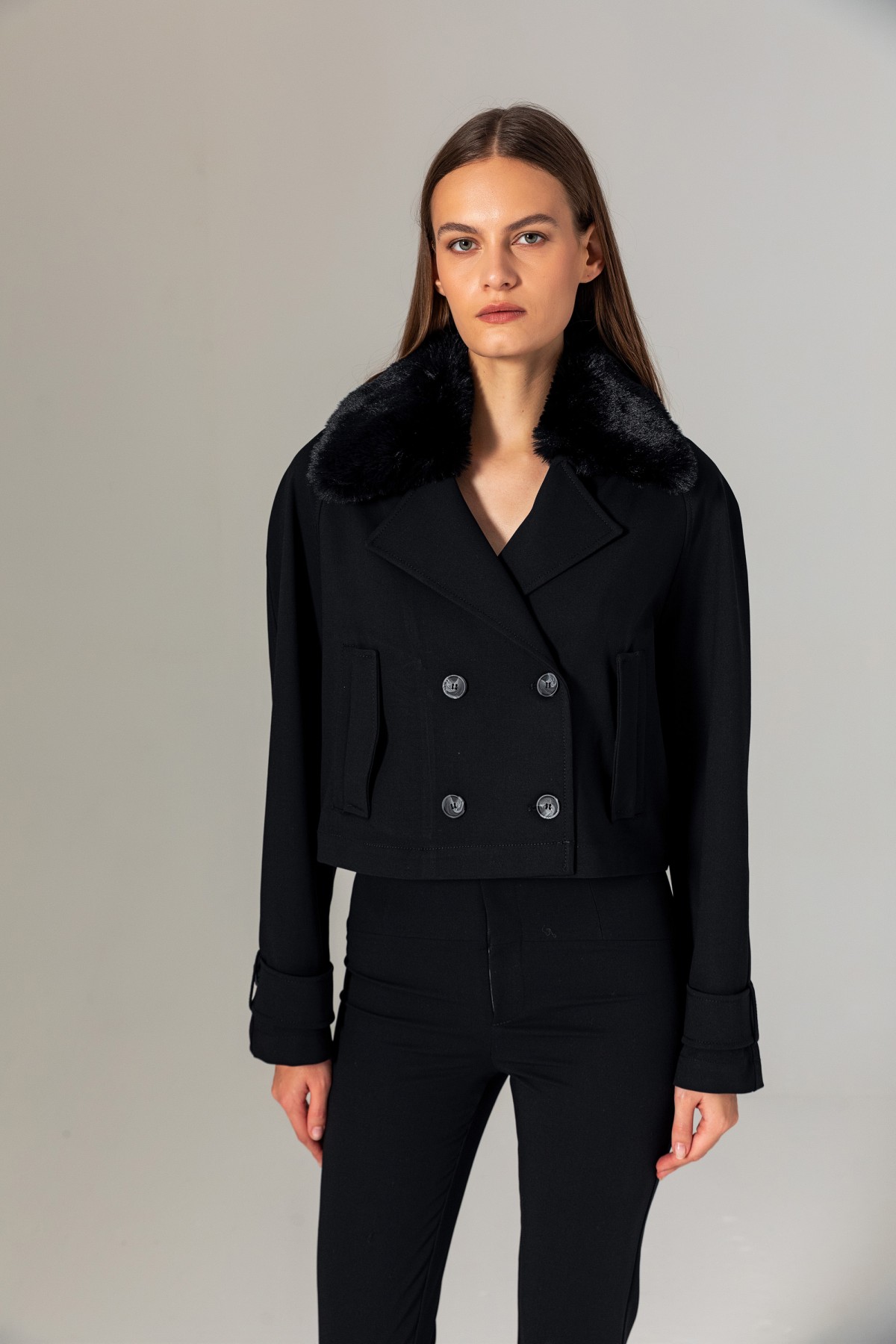 Yakası Kürklü Crop Biker Mont Siyah