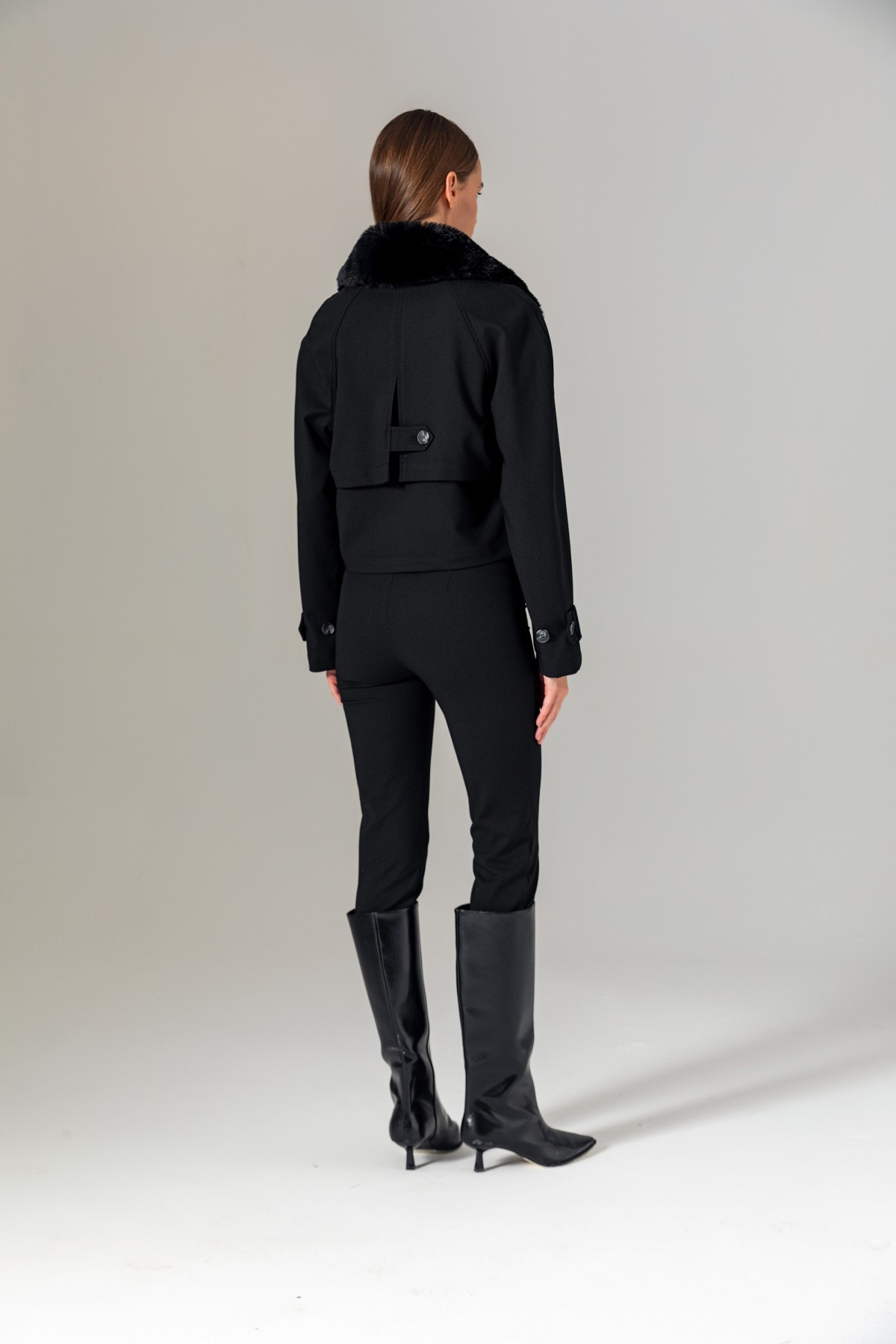 Yakası Kürklü Crop Biker Mont Siyah