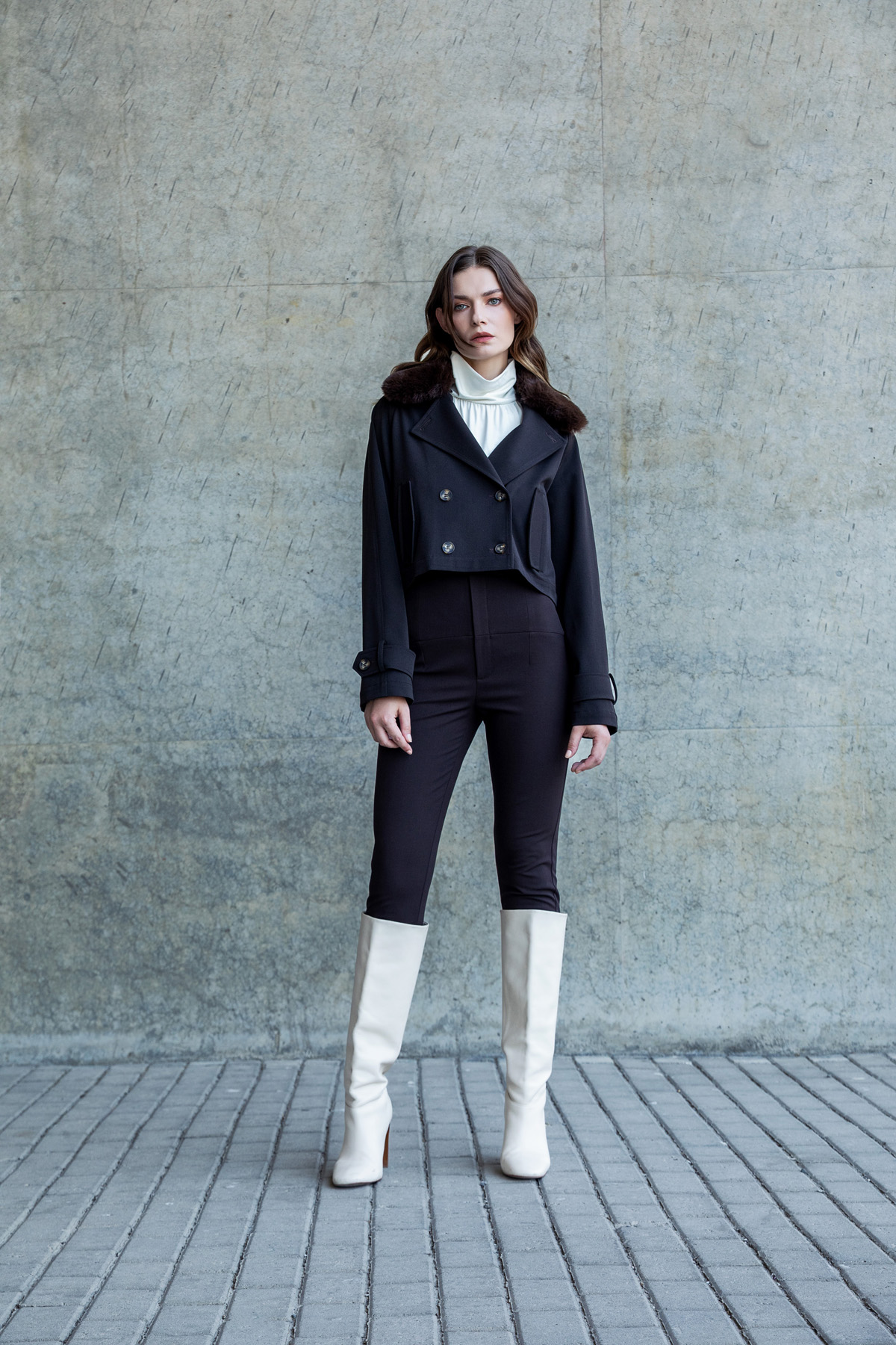 Yakası Kürklü Crop Biker Mont Kahve