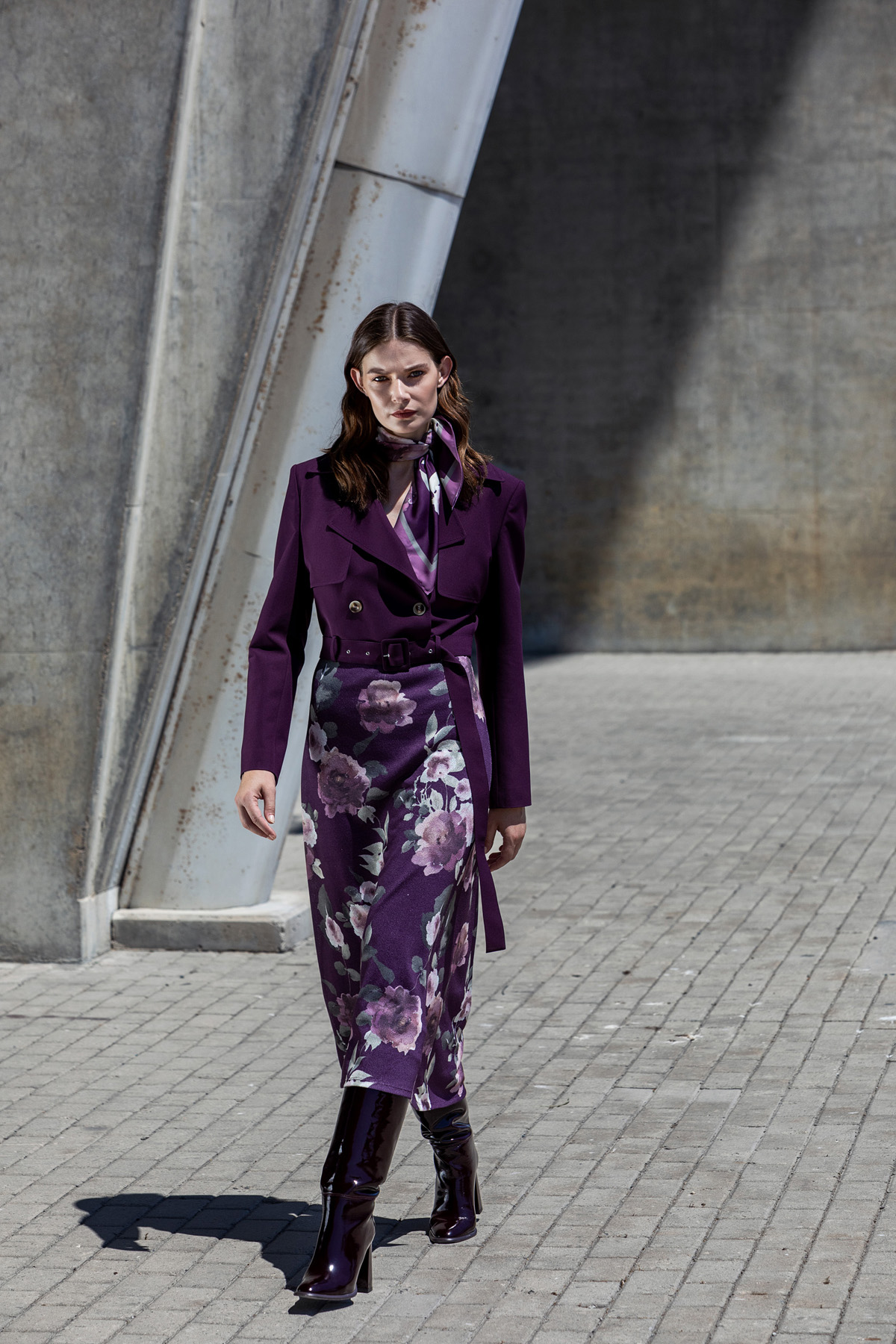 Eşarp Detaylı Crop Biker Ceket Mor