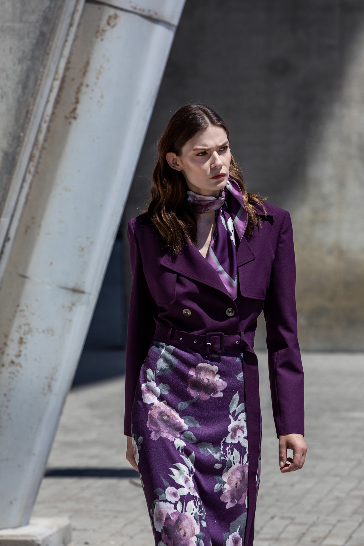 Eşarp Detaylı Crop Biker Ceket Mor